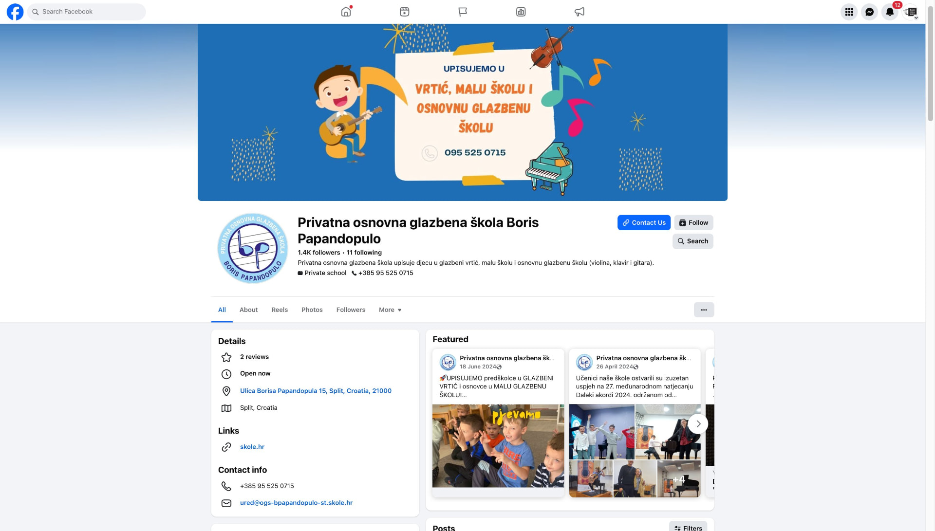 Facebook stranica Privatne osnovne glazbene škole Boris Papandopulo