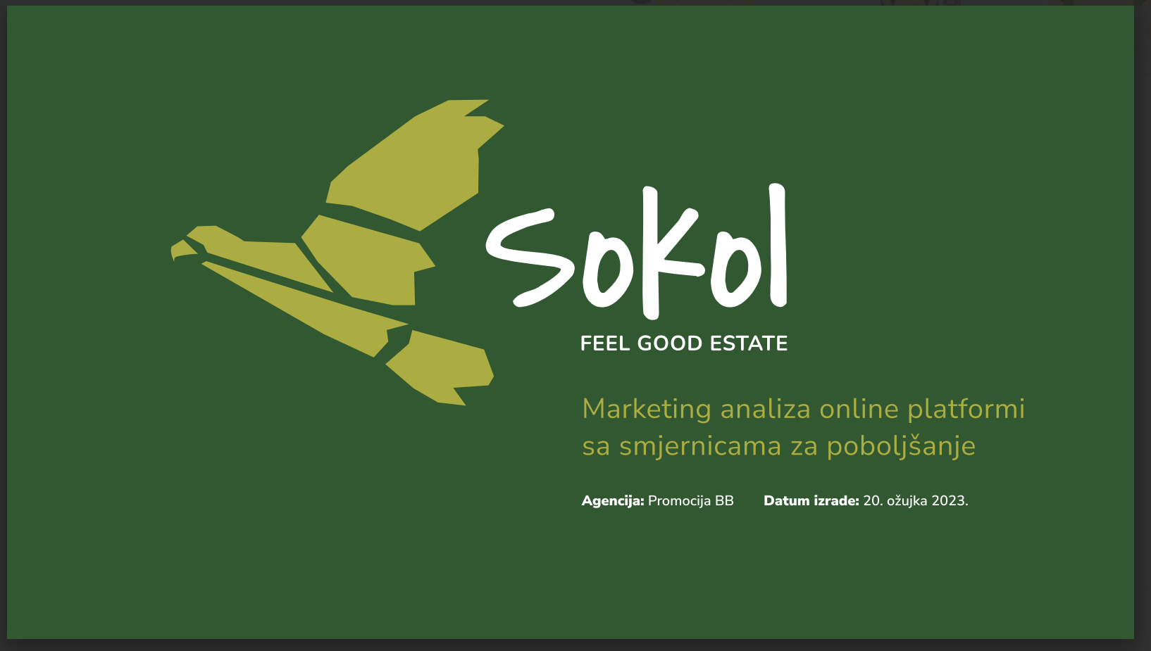 Naslovnica marketinške analize Sokol Feel Good Estate sa zelenom podlogom i sokolom