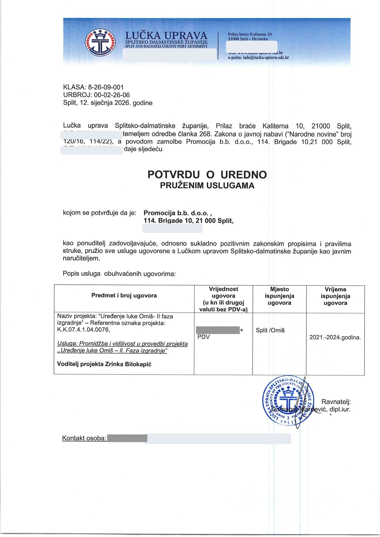Potvrda Lučke uprave Splitsko-dalmatinske županije o uredno pruženim uslugama