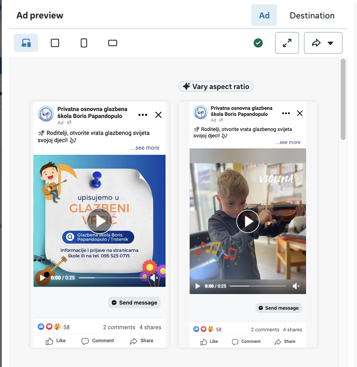 Meta oglas za upis u glazbeni vrtić