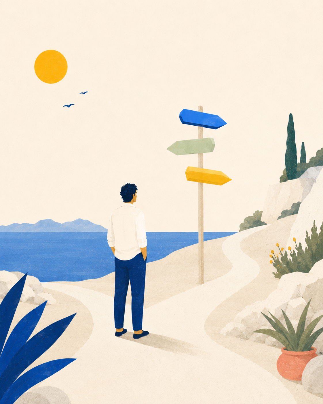 Ilustracija osobe pred putokazima na mediteranskoj podlozi
