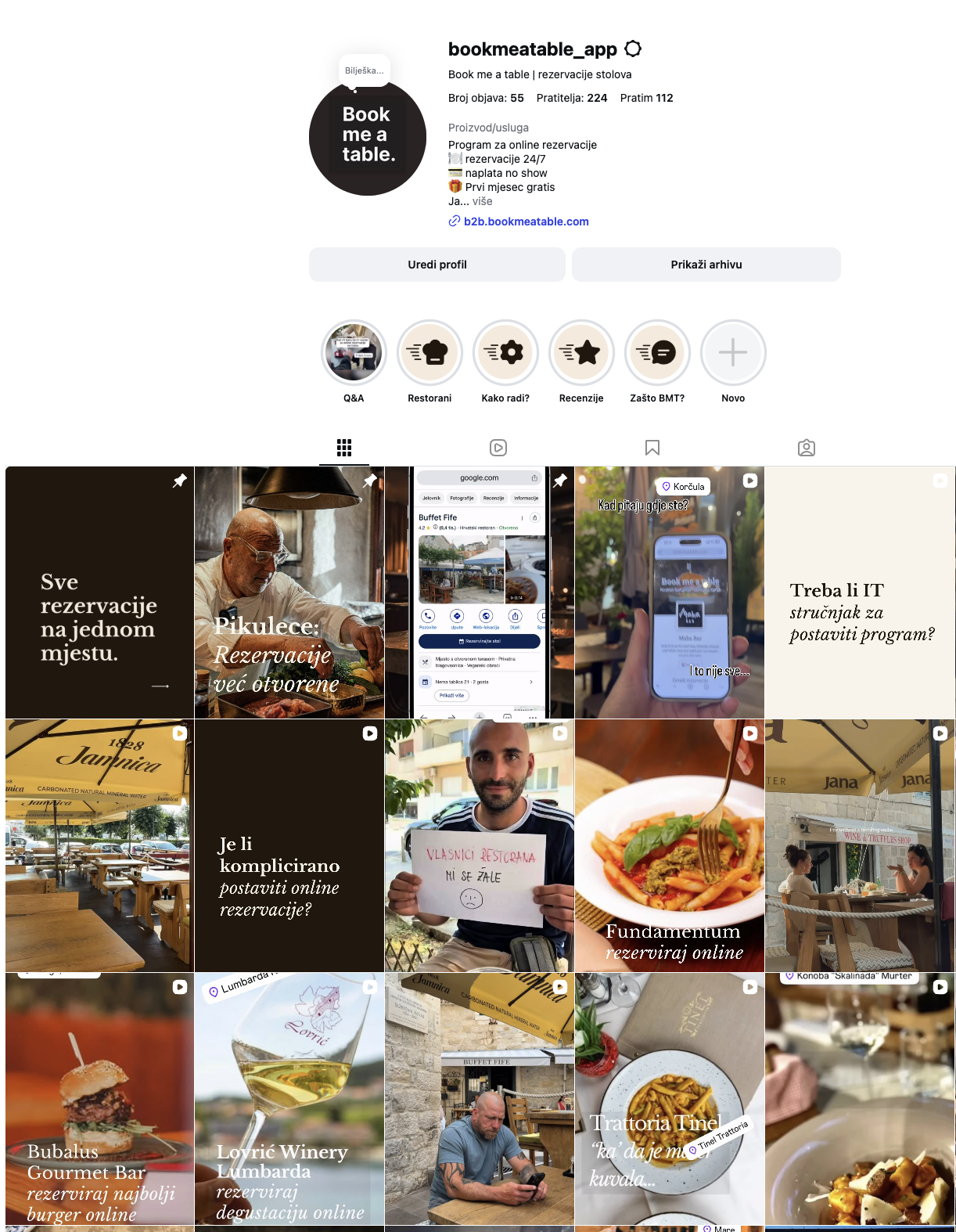 Instagram feed profila Book me a table s objavama o rezervacijama i restoranima