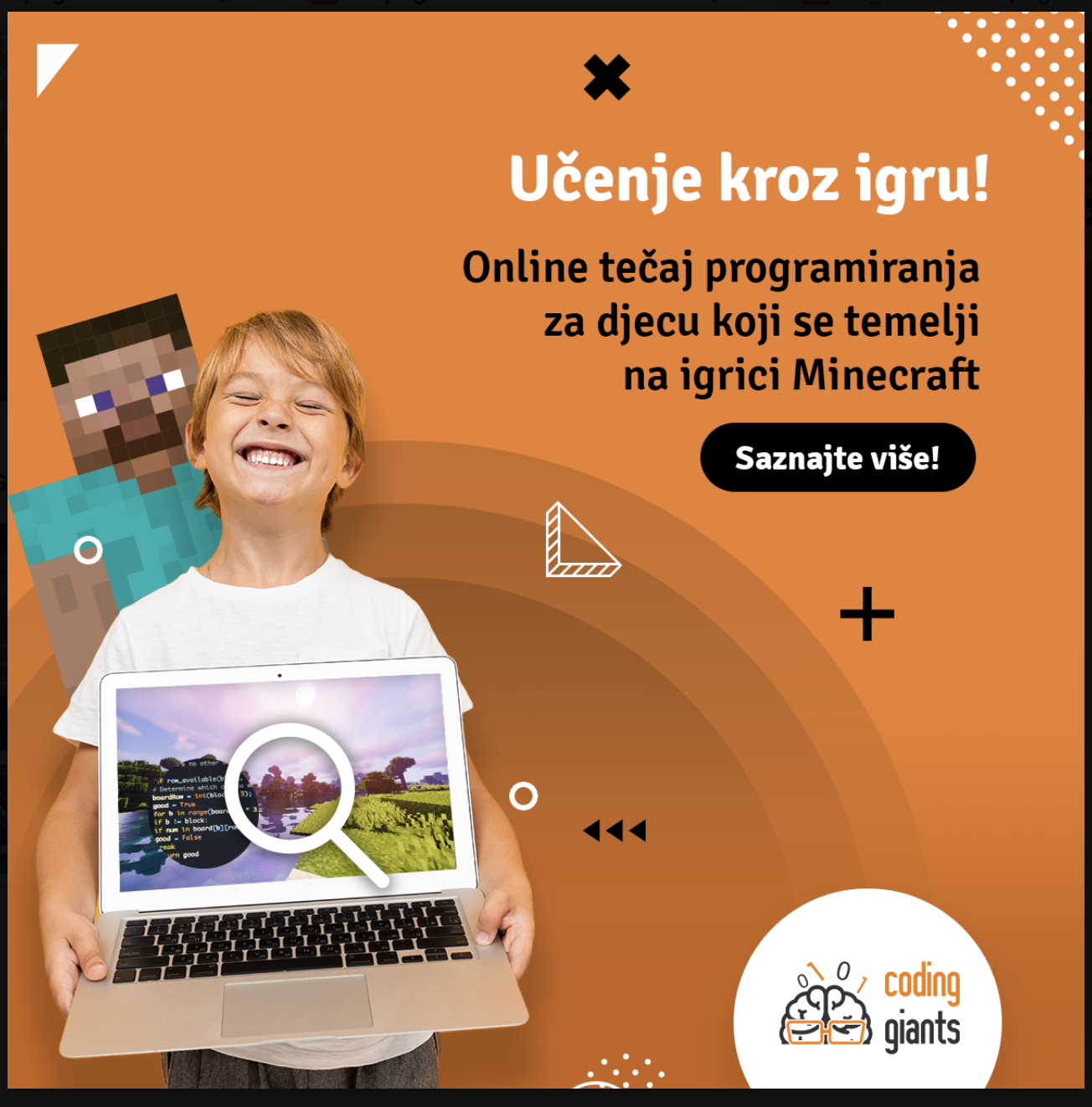 Oglas Coding Giants s porukom Učenje kroz igru i online tečajem programiranja za djecu