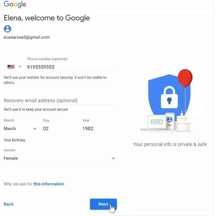 Gmail sign up form creating an account