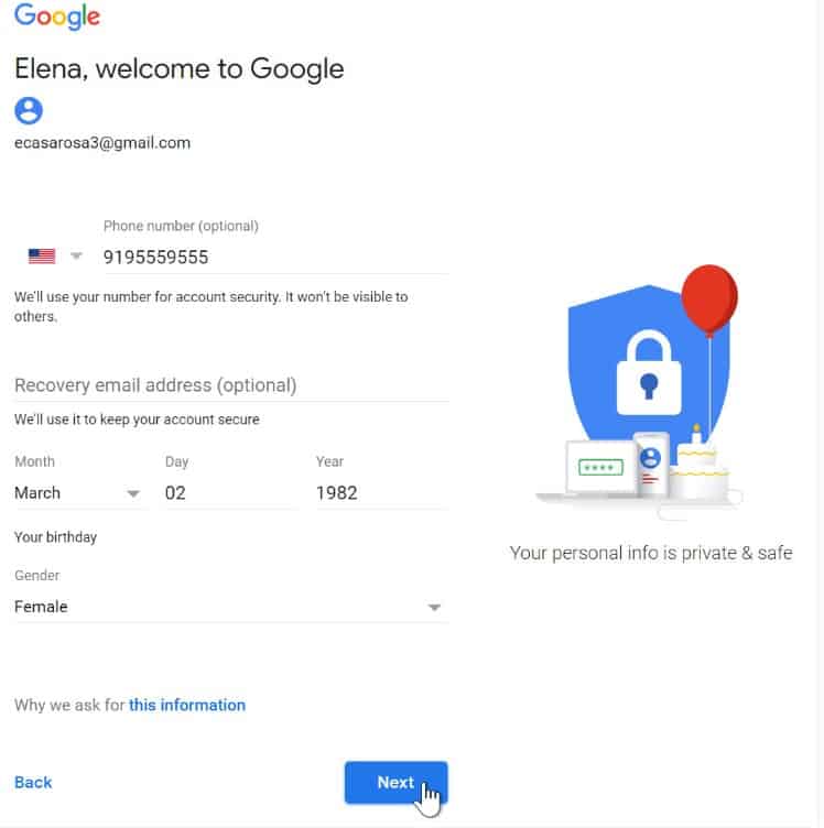 Gmail sign up form creating an account